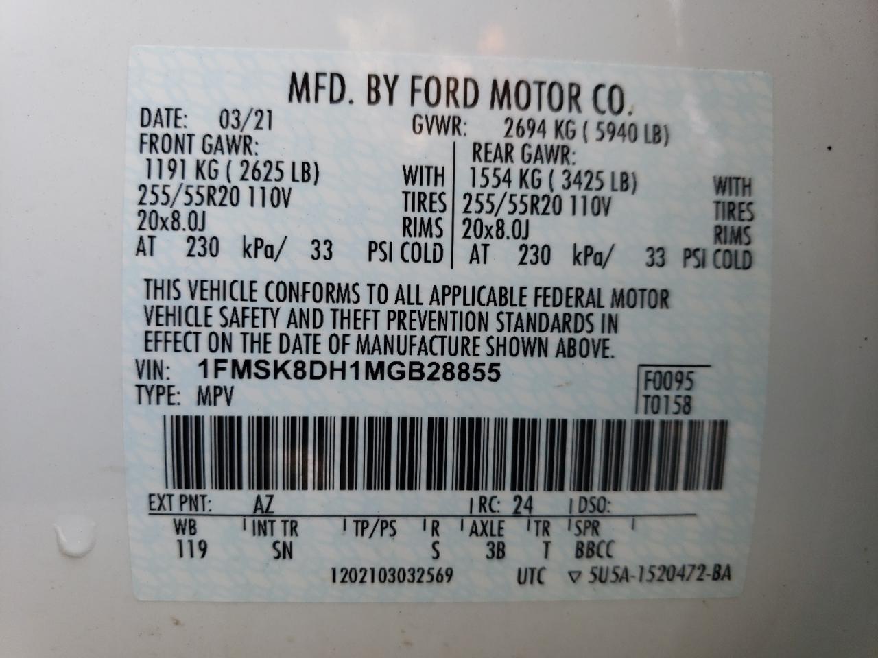 2021 Ford Explorer VIN 1FMSK8DH1MGB28855 Copart auction photo, front end / side damage thumbnail 14