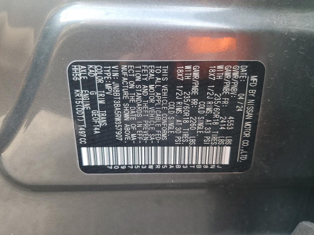 2024 Nissan Rogue VIN JN8BT3BA5RW357907 Copart auction photo, rear end / side damage thumbnail 14