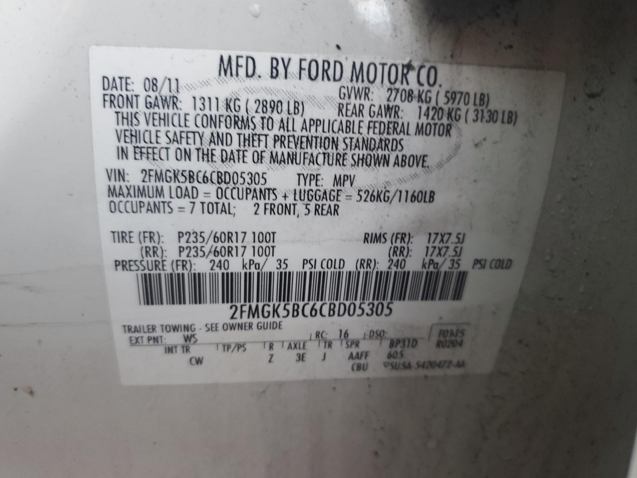 2012 Ford Flex VIN 2FMGK5BC6CBD05305 Copart auction photo, front end damage thumbnail 15