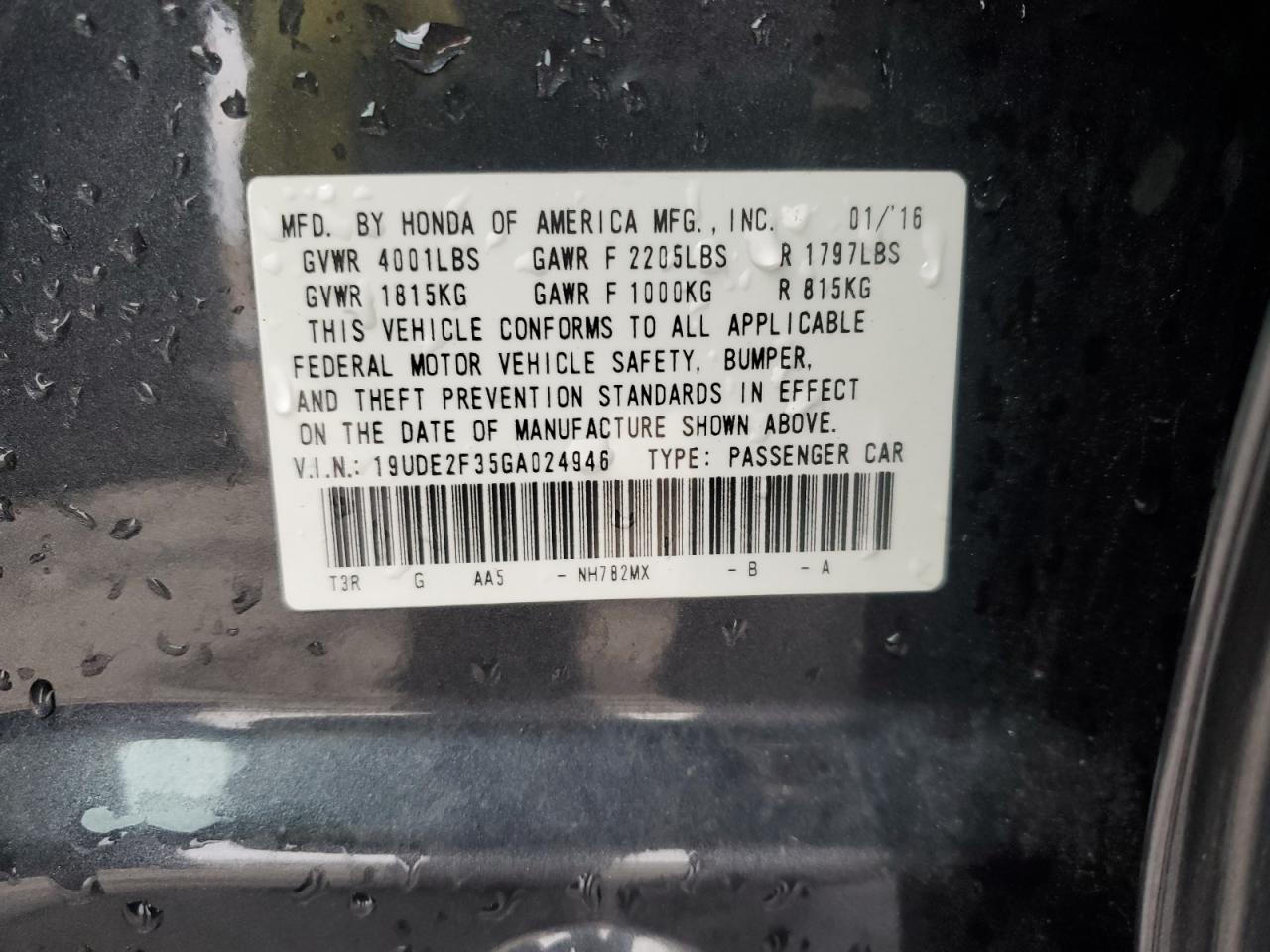 2016 Acura ILX VIN 19UDE2F35GA024946 Copart auction photo, front end / side damage thumbnail 13