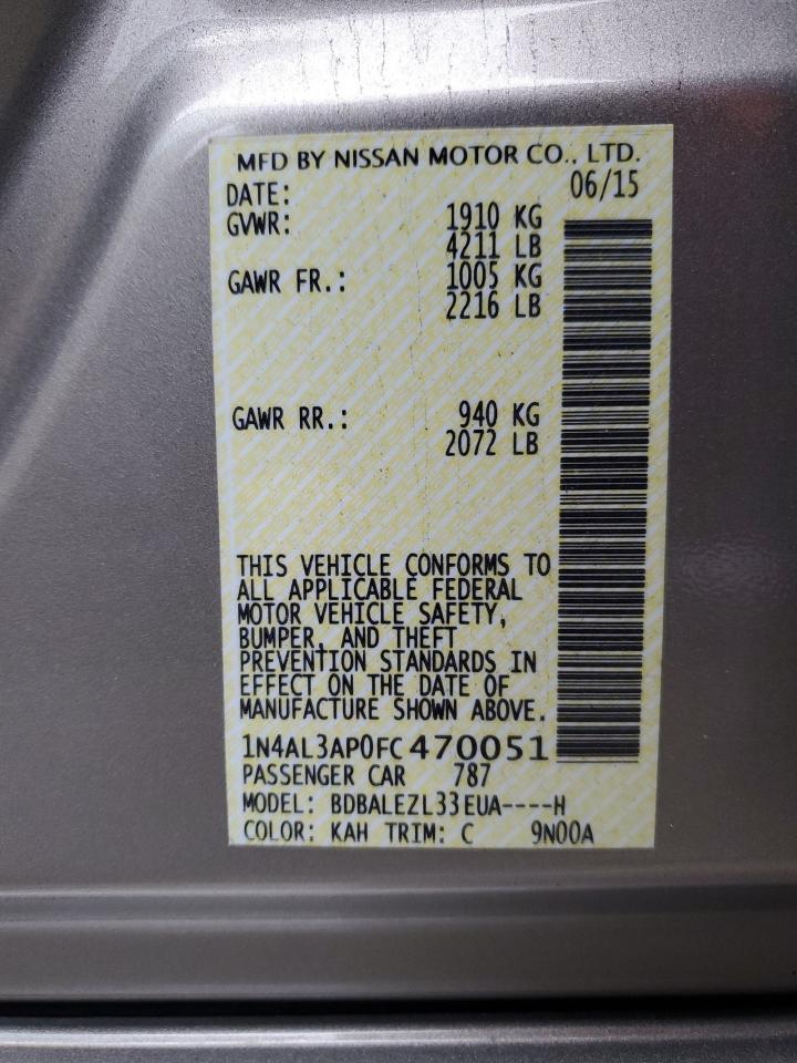 2015 Nissan Altima VIN 1N4AL3AP0FC470051 Copart auction photo, rear end / front end damage thumbnail 13
