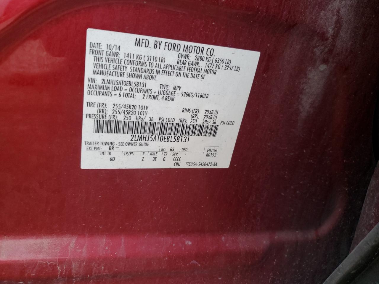 2014 Lincoln MKT VIN 2LMHJ5AT0EBL58131 Copart auction photo, front end damage thumbnail 13