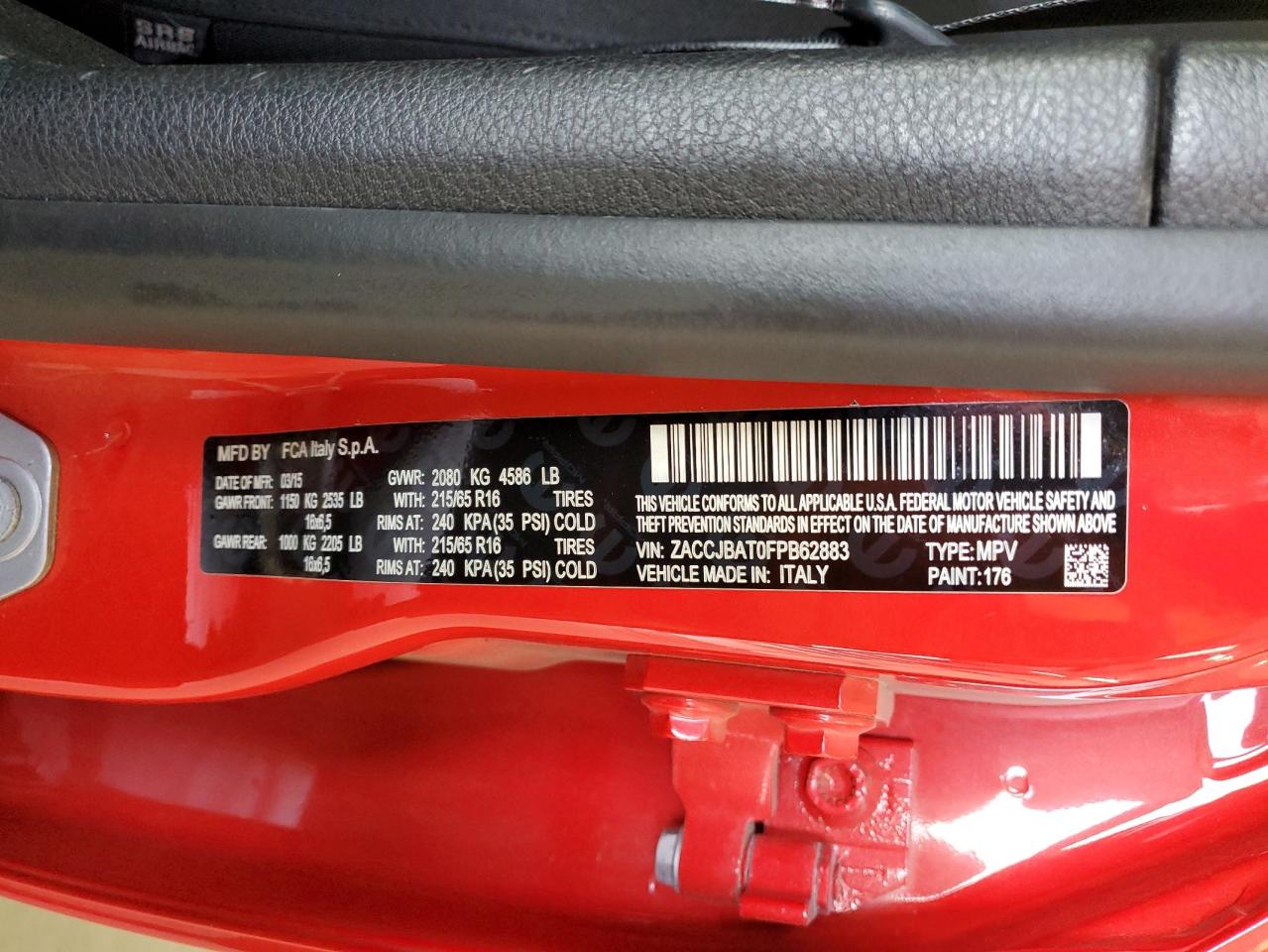 2015 Jeep Renegade VIN ZACCJBAT0FPB62883 Copart auction photo, front end damage thumbnail 14