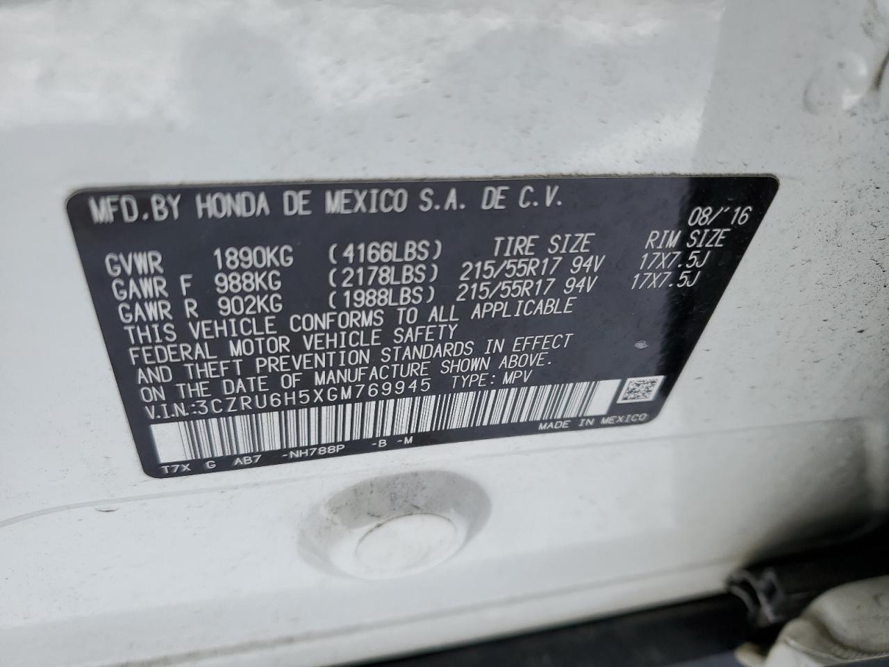 2016 Honda HR-V VIN 3CZRU6H5XGM769945 Copart auction photo, front end damage thumbnail 12