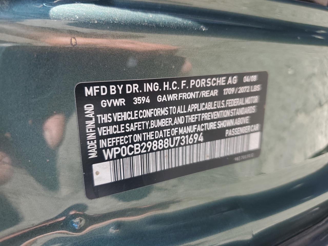 2008 Porsche Boxster VIN WP0CB29888U731694 Copart auction photo, side / rear end damage thumbnail 12