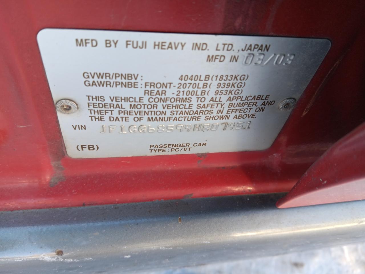 2004 Subaru Impreza VIN JF1GG68594H807451 Copart auction photo, front end damage thumbnail 13