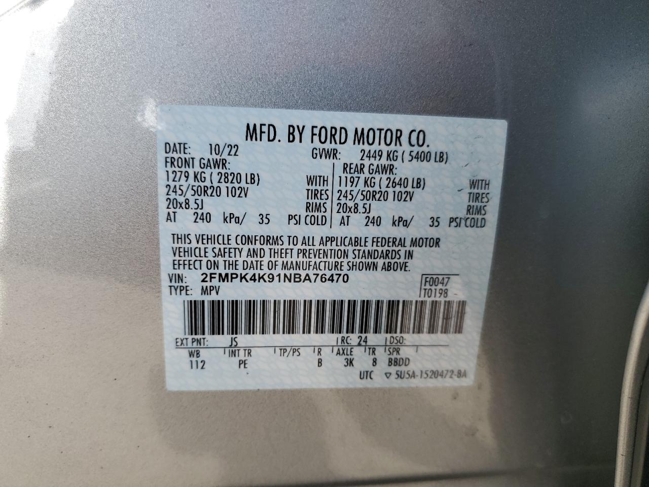 2022 Ford Edge VIN 2FMPK4K91NBA76470 Copart auction photo, rear end damage thumbnail 15