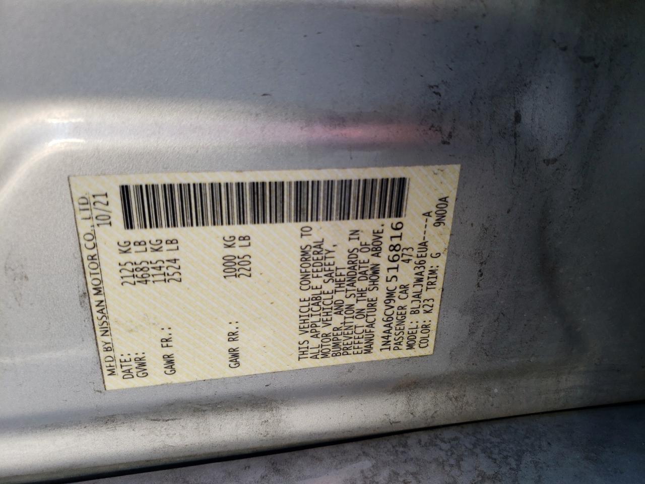 2021 Nissan Maxima VIN 1N4AA6CV9MC516816 Copart auction photo, front end damage thumbnail 12