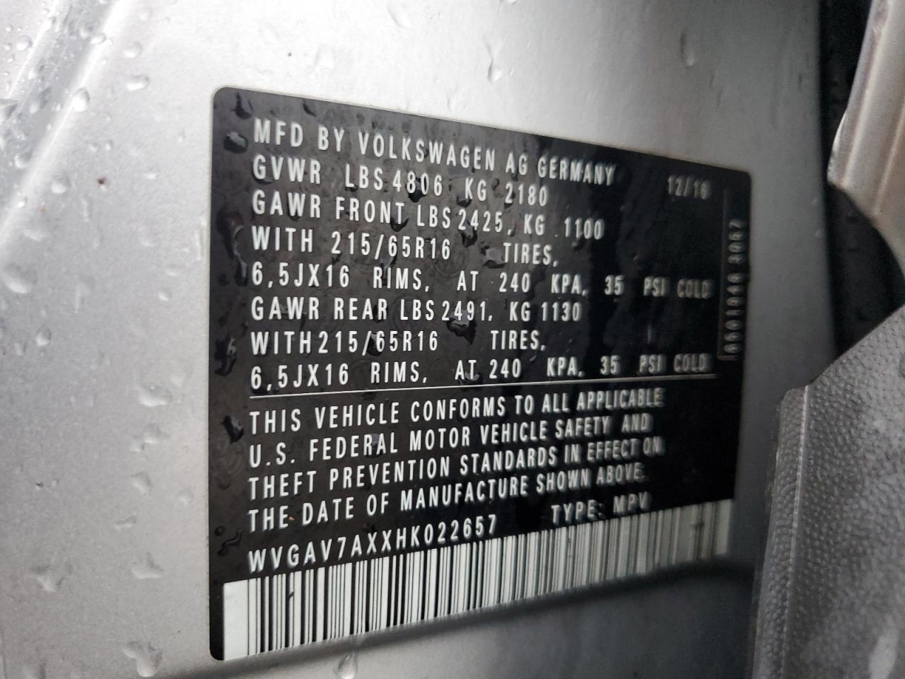 2017 Volkswagen Tiguan VIN WVGAV7AXXHK022657 Copart auction photo, water/flood damage thumbnail 14