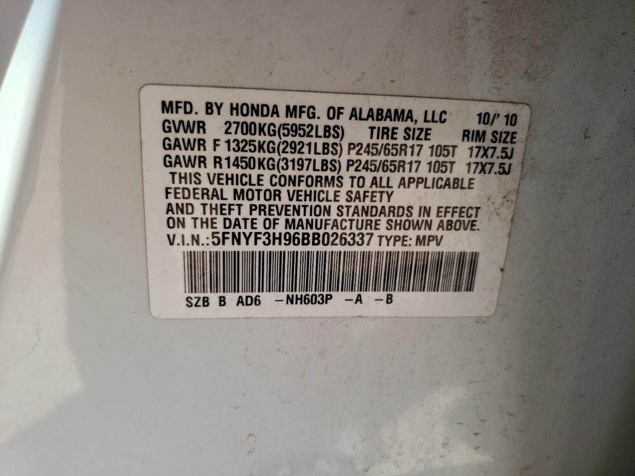 2011 Honda Pilot VIN 5FNYF3H96BB026337 Copart auction photo, side / rear end damage thumbnail 13