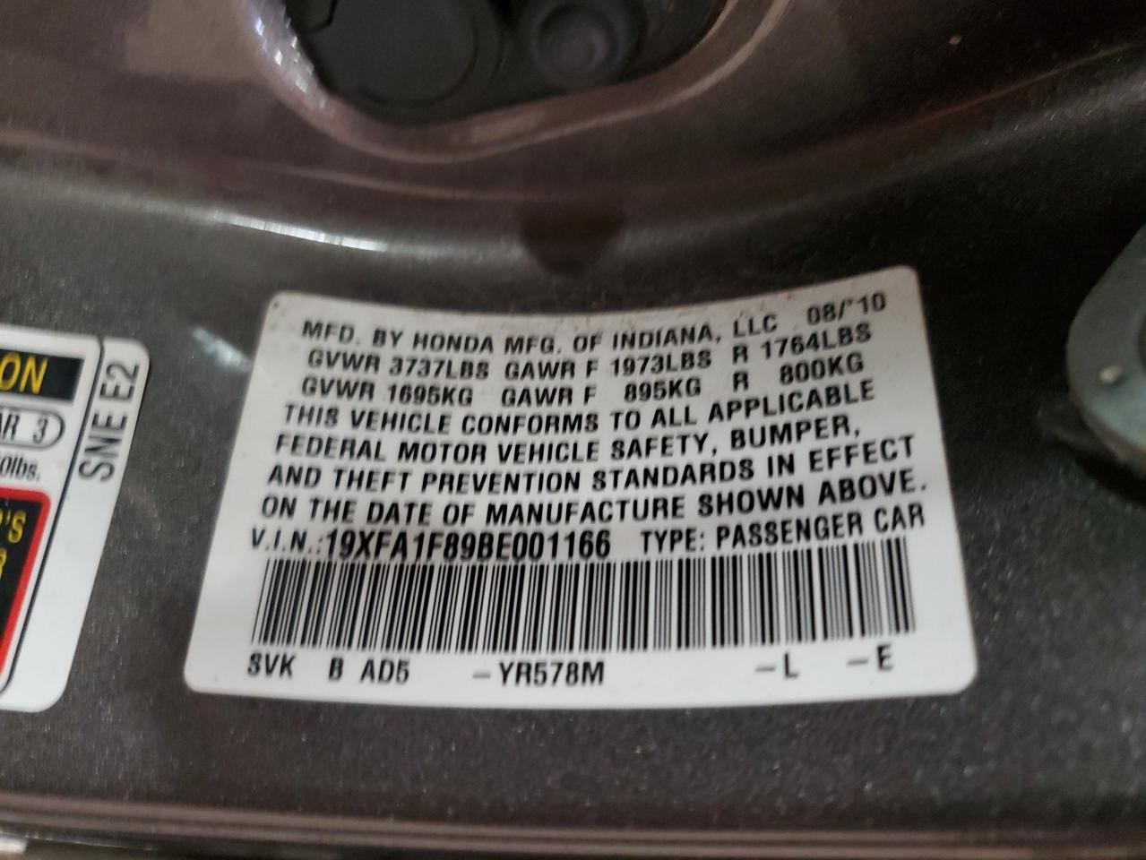 2011 Honda Civic VIN 19XFA1F89BE001166 Copart auction photo, front end damage thumbnail 12