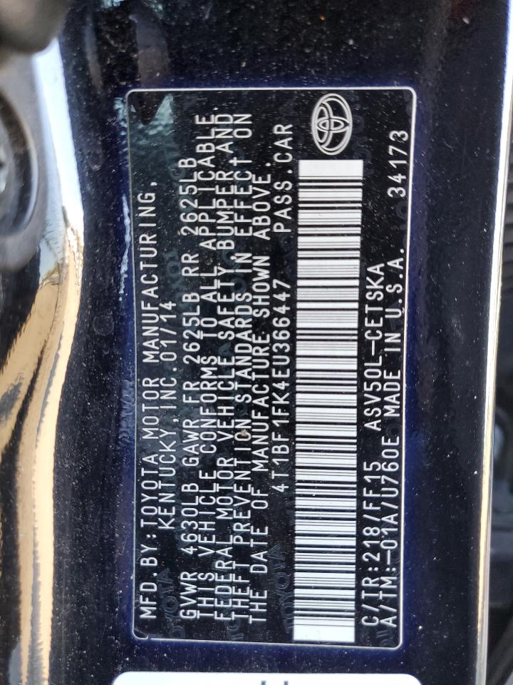 2014 Toyota Camry VIN 4T1BF1FK4EU366447 Copart auction photo, rear end / front end damage thumbnail 15