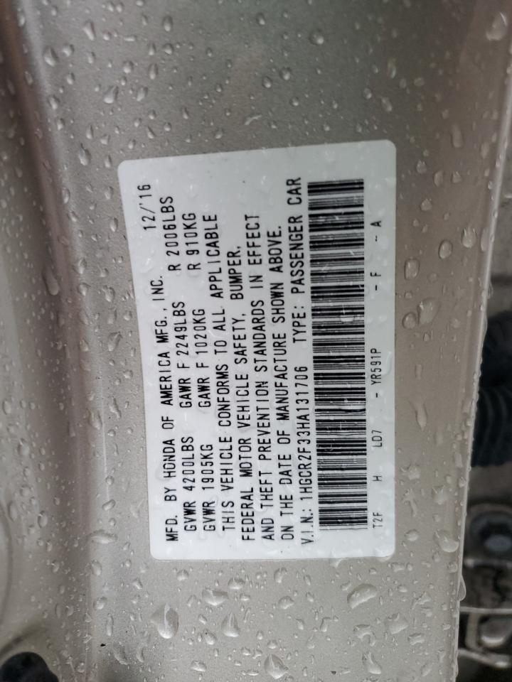 2017 Honda Accord VIN 1HGCR2F33HA131706 Copart auction photo, rear end / undercarriage damage thumbnail 12