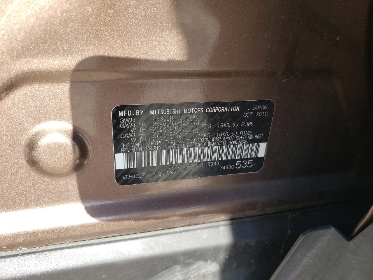 2020 Mitsubishi Eclipse VIN JA4AS3AA4LZ018339 Copart auction photo, rear end / front end damage thumbnail 13