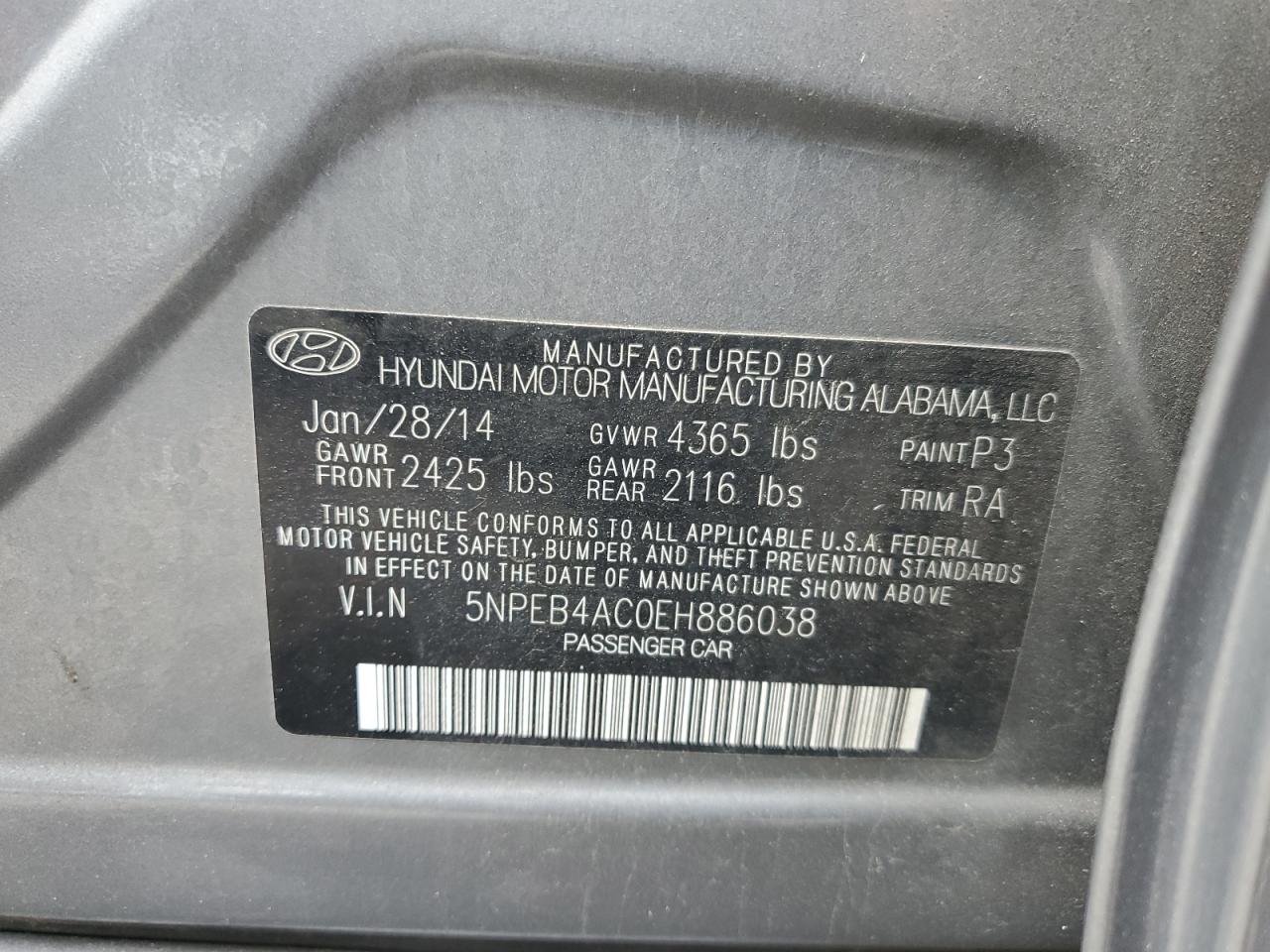 2014 Hyundai Sonata VIN 5NPEB4AC0EH886038 Copart auction photo, rear end damage thumbnail 12
