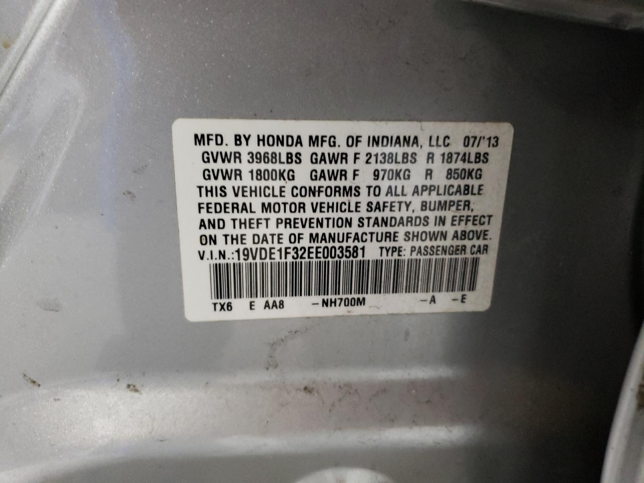 2014 Acura ILX VIN 19VDE1F32EE003581 Copart auction photo, rear end damage thumbnail 12