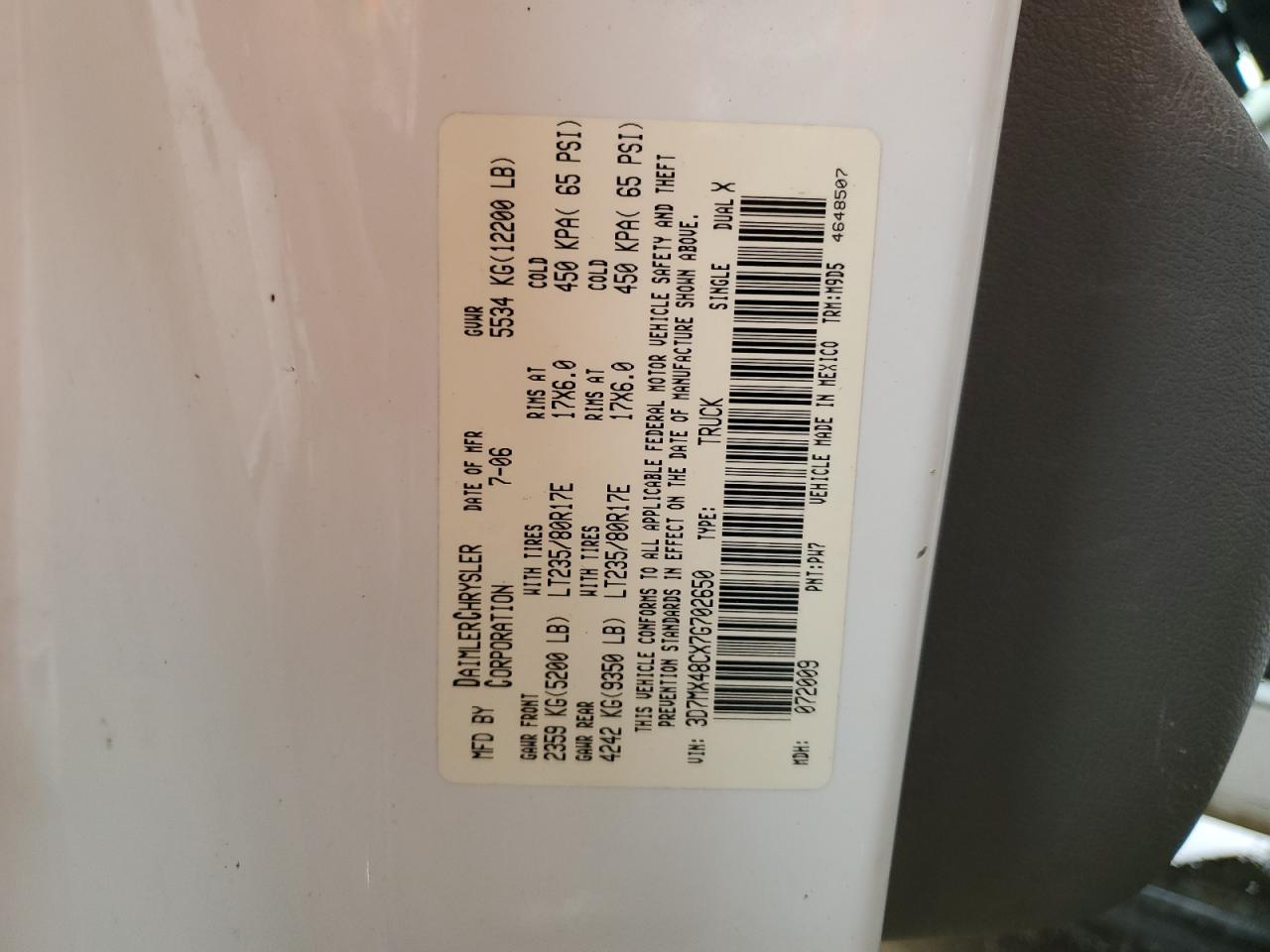 2007 Dodge RAM VIN 3D7MX48CX7G702650 Copart auction photo, all over damage thumbnail 14