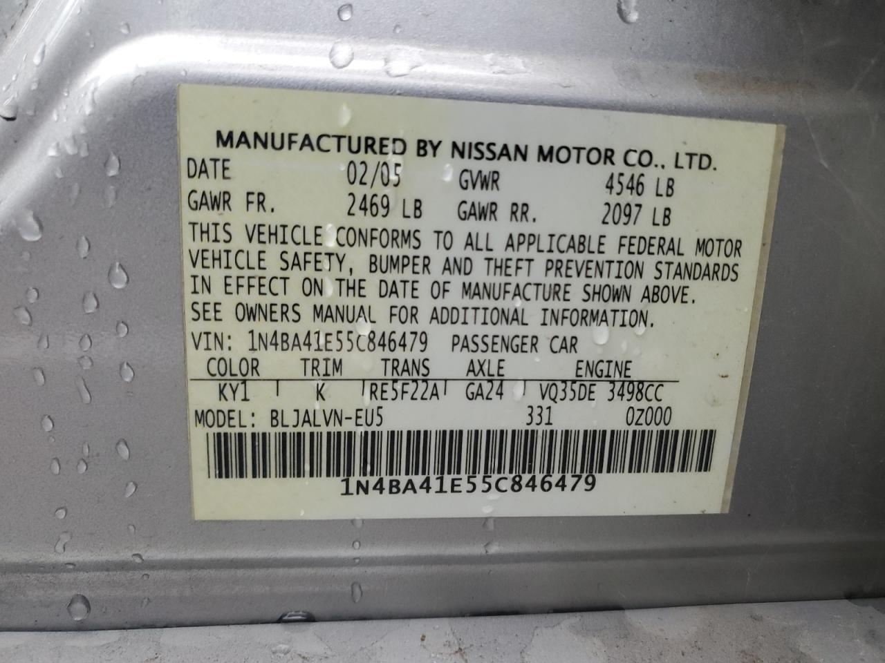 2005 Nissan Maxima VIN 1N4BA41E55C846479 Copart auction photo, front end damage thumbnail 12