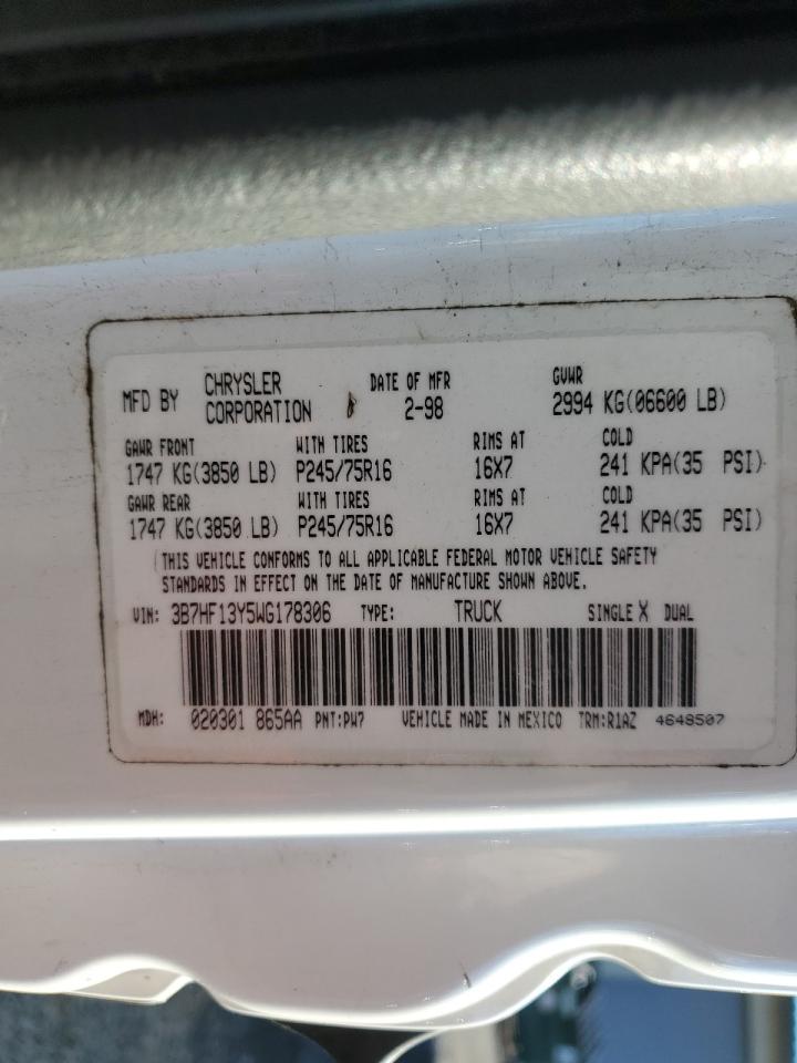 1998 Dodge RAM VIN 3B7HF13Y5WG178306 Copart auction photo, front end damage thumbnail 14