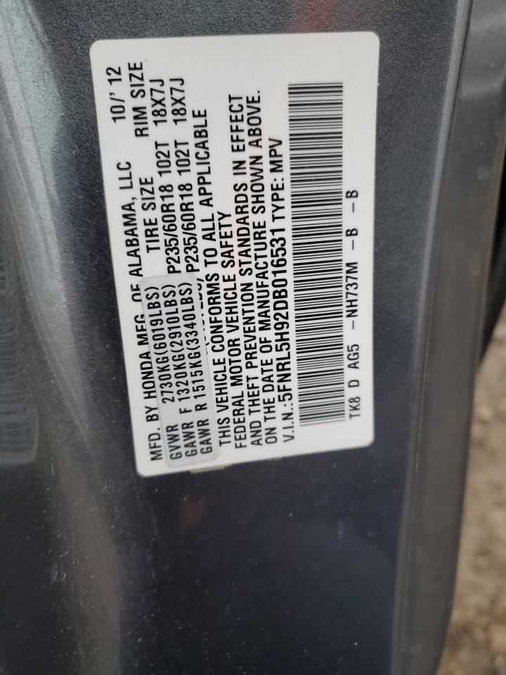 2013 Honda Odyssey VIN 5FNRL5H92DB016531 Copart auction photo, rear end damage thumbnail 14