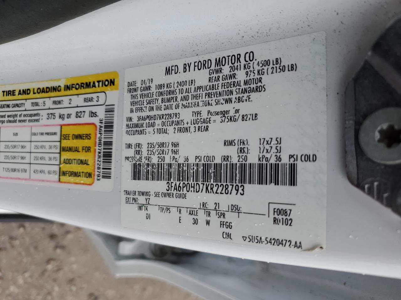 2019 Ford Fusion VIN 3FA6P0HD7KR228793 Copart auction photo, front end damage thumbnail 12