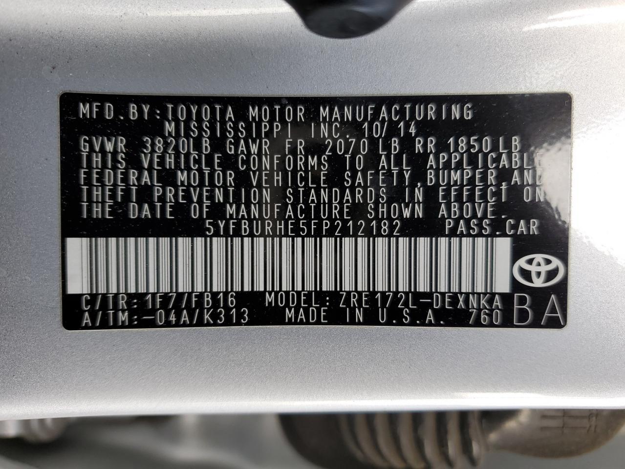 2015 Toyota Corolla VIN 5YFBURHE5FP212182 Copart auction photo, rear end / minor dent/scratches damage thumbnail 12