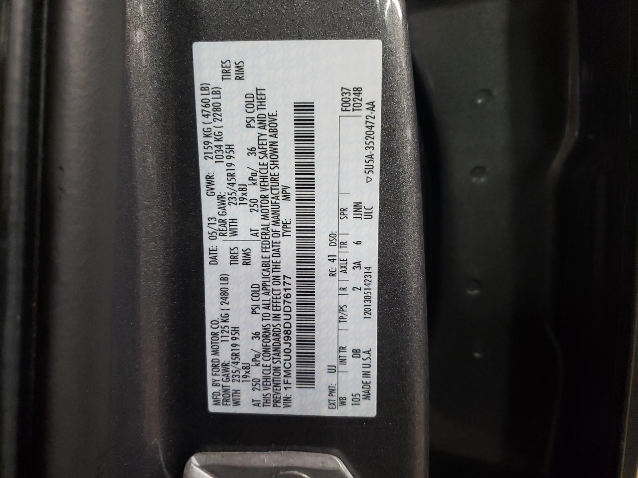 2013 Ford Escape VIN 1FMCU0J98DUD76177 Copart auction photo, rear end damage thumbnail 12