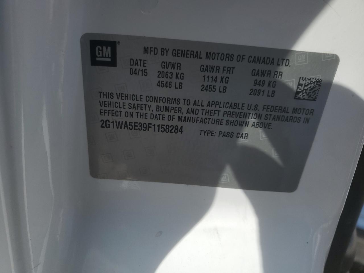 2015 Chevrolet Impala VIN 2G1WA5E39F1158284 Copart auction photo, rear end / front end damage thumbnail 12
