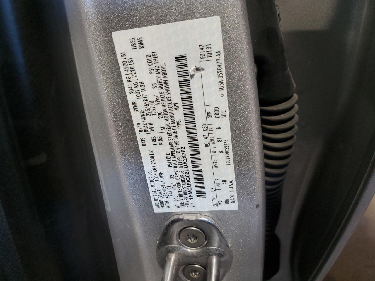 2020 Ford Escape VIN 1FMCU9G66LUA28782 Copart auction photo, rear end / side damage thumbnail 13
