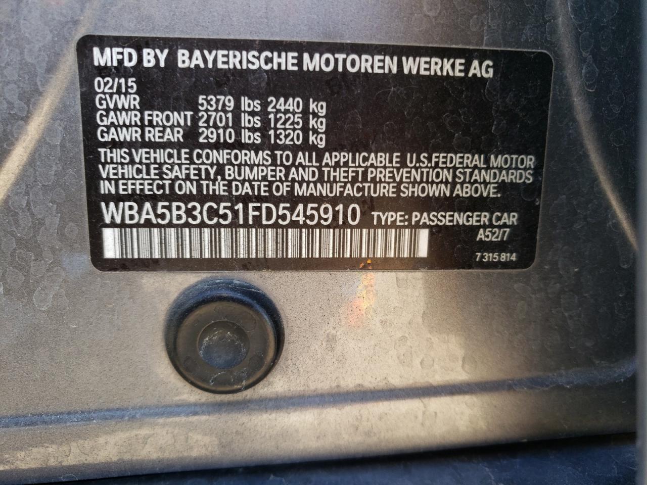 2015 BMW 5er VIN WBA5B3C51FD545910 Copart auction photo, front end damage thumbnail 14