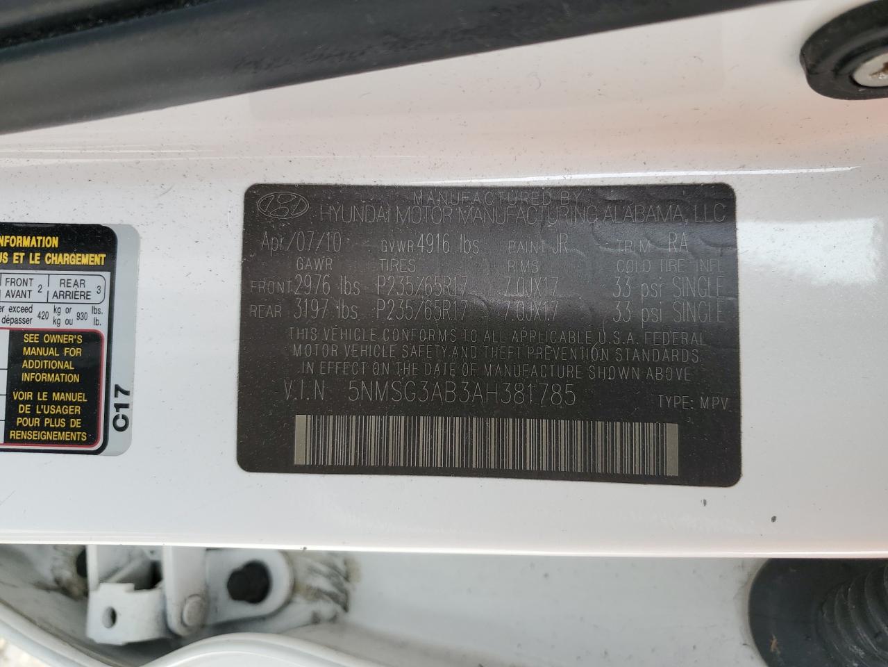 2010 Hyundai Santa Fe VIN 5NMSG3AB3AH381785 Copart auction photo, rear end damage thumbnail 13