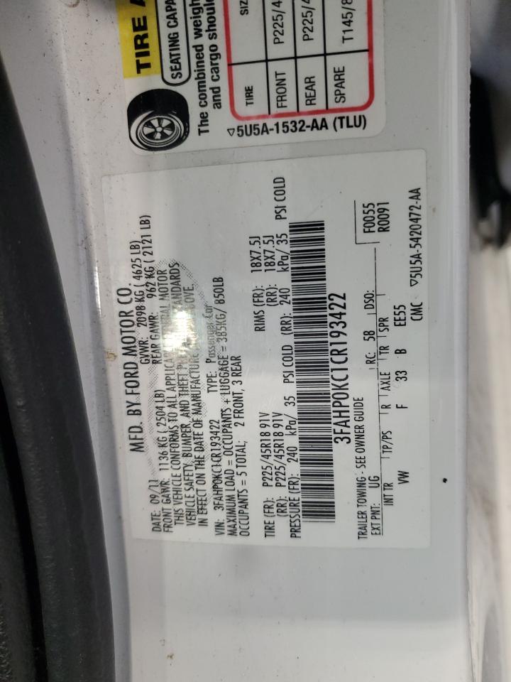 2012 Ford Fusion VIN 3FAHP0KC1CR193422 Copart auction photo, front end damage thumbnail 12