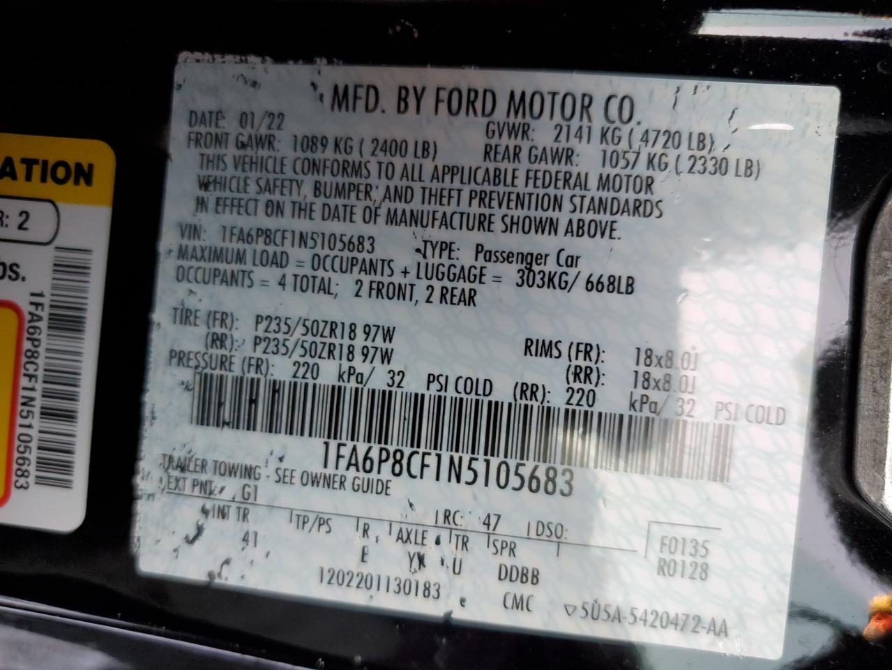 2022 Ford Mustang VIN 1FA6P8CF1N5105683 Copart auction photo, front end damage thumbnail 15