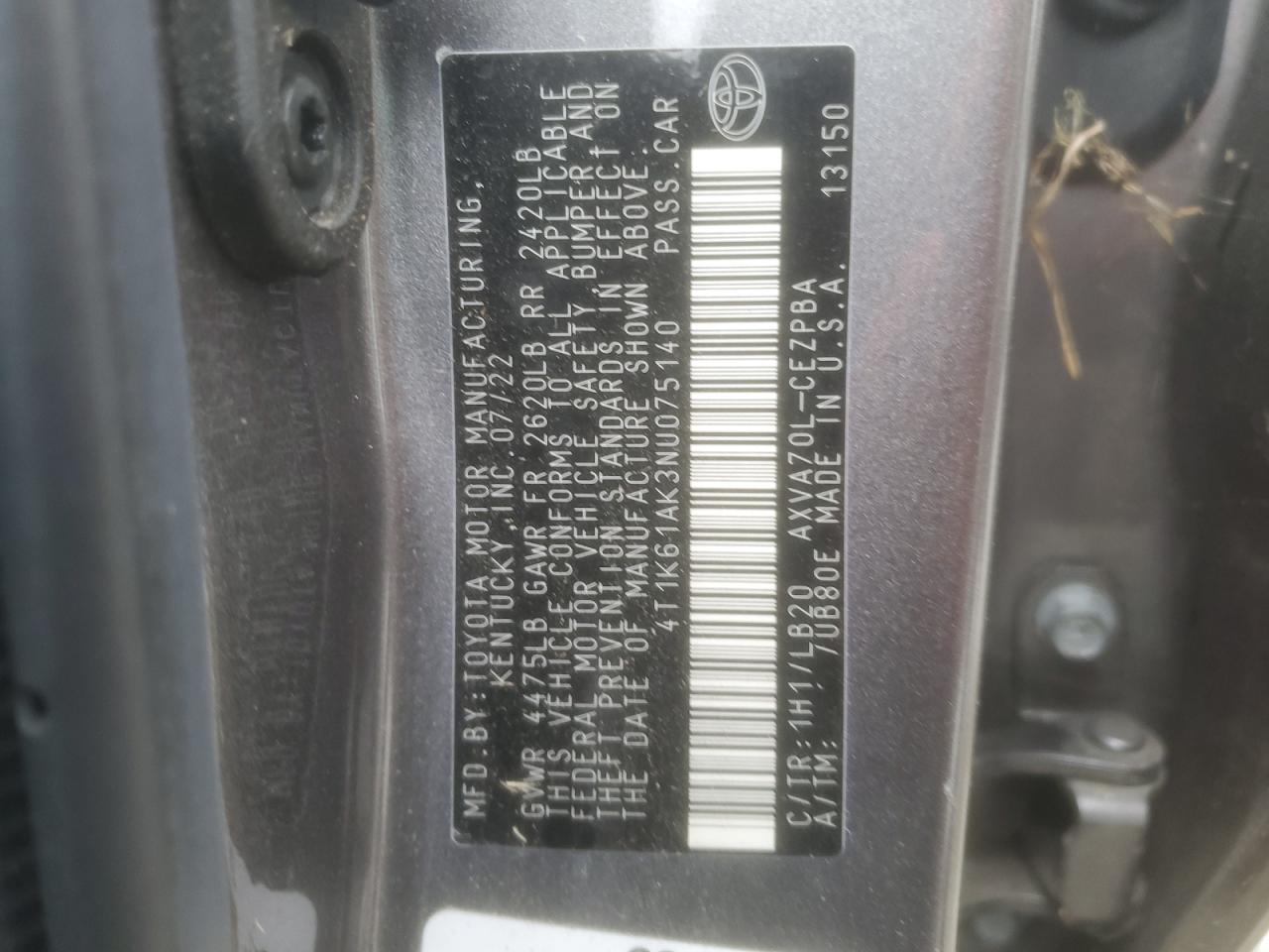 2022 Toyota Camry VIN 4T1K61AK3NU075140 Copart auction photo, front end damage thumbnail 12