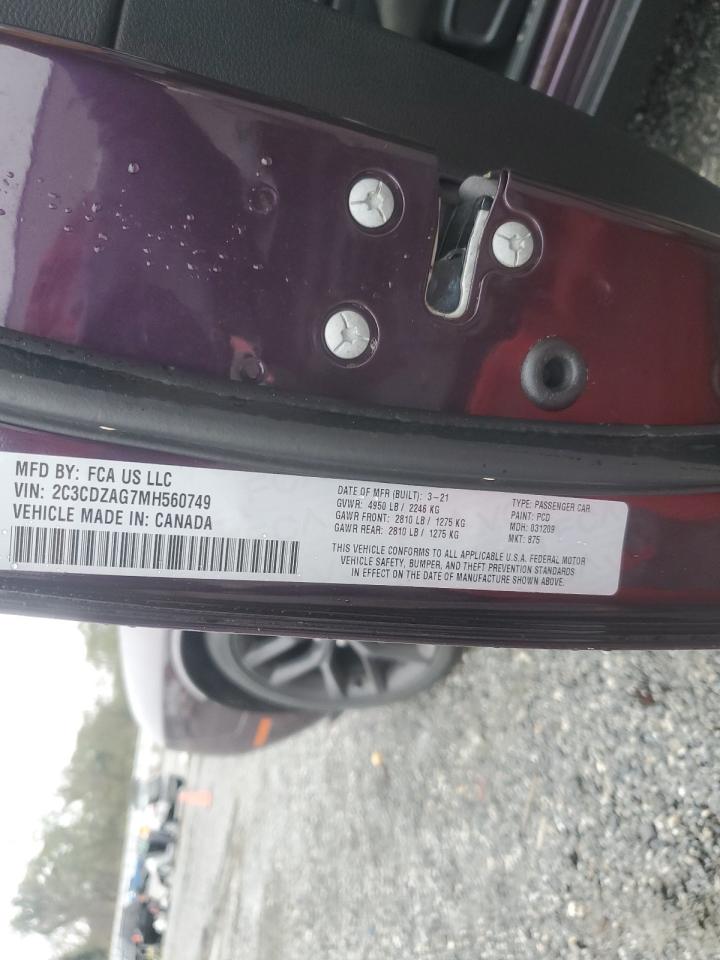 2021 Dodge Challenger VIN 2C3CDZAG7MH560749 Copart auction photo, front end damage thumbnail 14