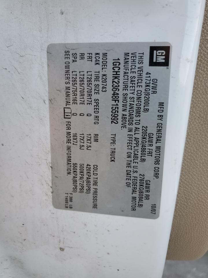 2008 Chevrolet Silverado VIN 1GCHK23648F155992 Copart auction photo, all over / undercarriage damage thumbnail 12