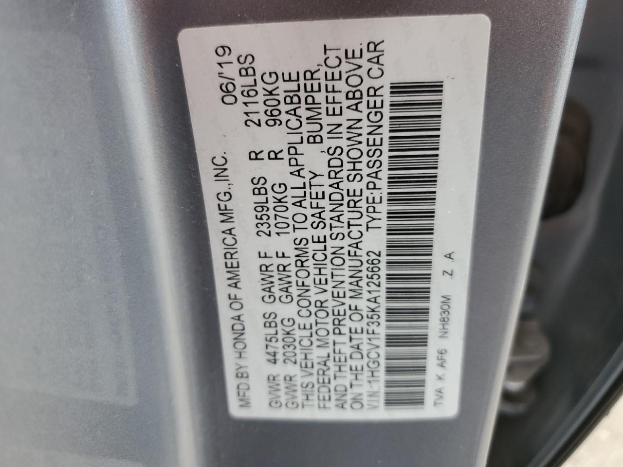 2019 Honda Accord VIN 1HGCV1F35KA125662 Copart auction photo, front end damage thumbnail 14