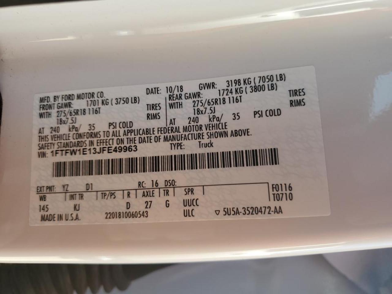 2018 Ford F-150 VIN 1FTFW1E13JFE49963 Copart auction photo, front end damage thumbnail 12