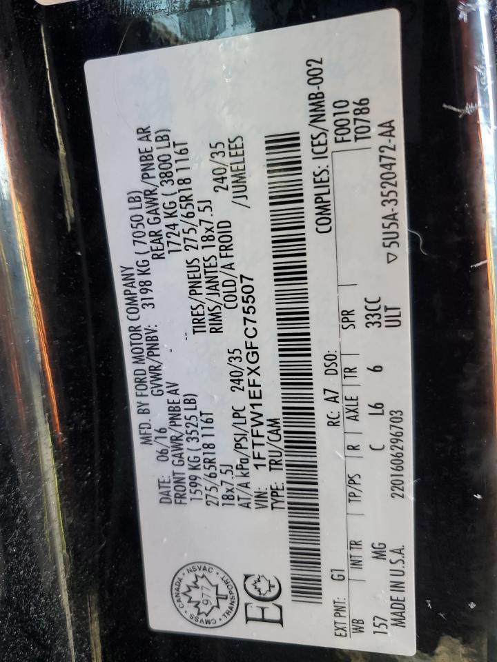 2016 Ford F-150 VIN 1FTFW1EFXGFC75507 Copart auction photo, front end / rear end damage thumbnail 12