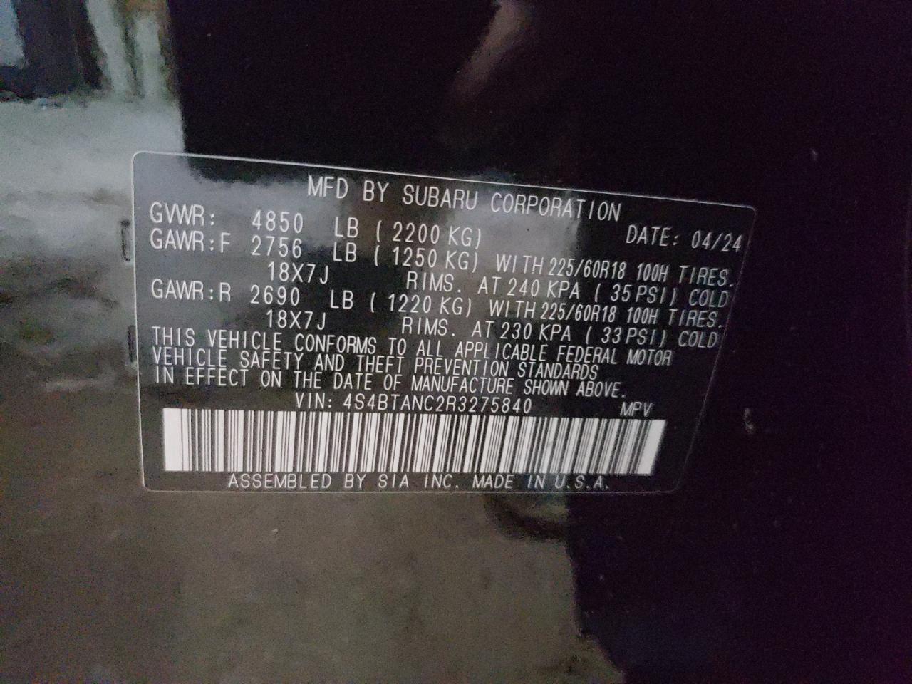 2024 Subaru Outback VIN 4S4BTANC2R3275840 Copart auction photo, front end / minor dent/scratches damage thumbnail 14