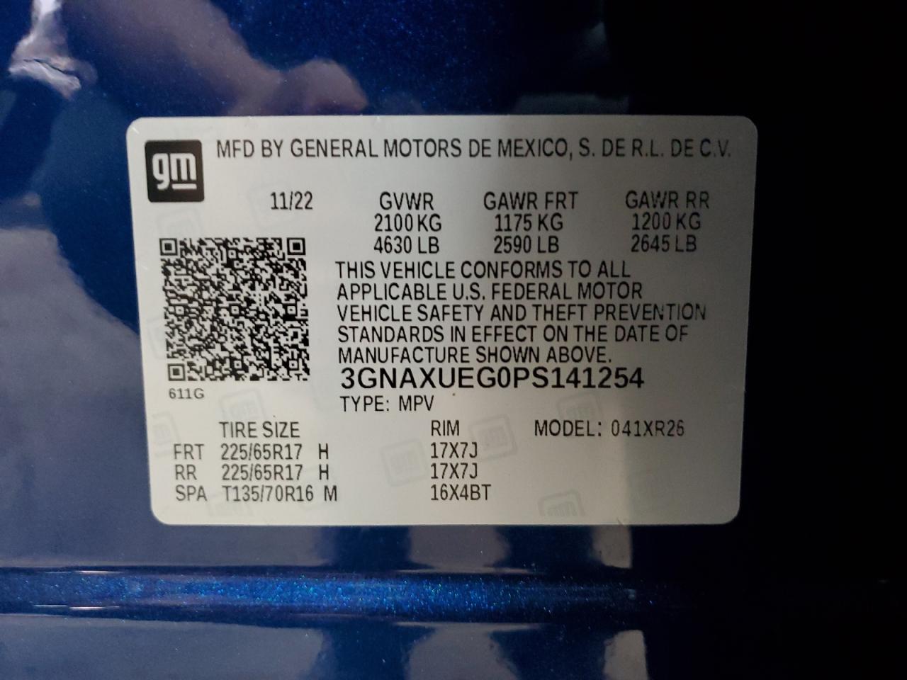 2023 Chevrolet Equinox VIN 3GNAXUEG0PS141254 Copart auction photo, front end / undercarriage damage thumbnail 14