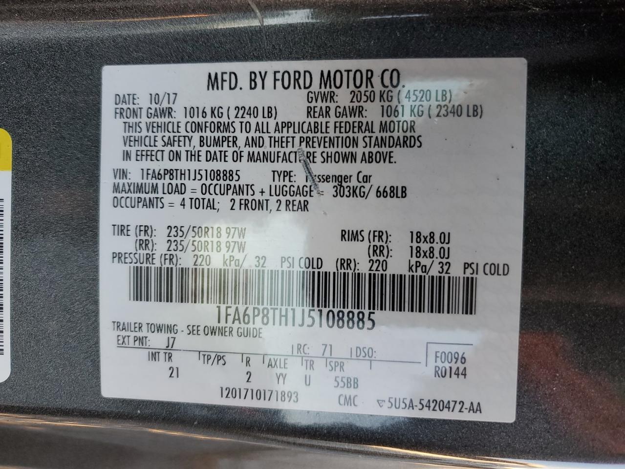 2018 Ford Mustang VIN 1FA6P8TH1J5108885 Copart auction photo, side / front end damage thumbnail 12