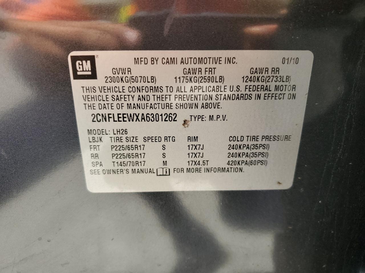 2010 Chevrolet Equinox VIN 2CNFLEEWXA6301262 Copart auction photo, burn - interior / minor dent/scratches damage thumbnail 13
