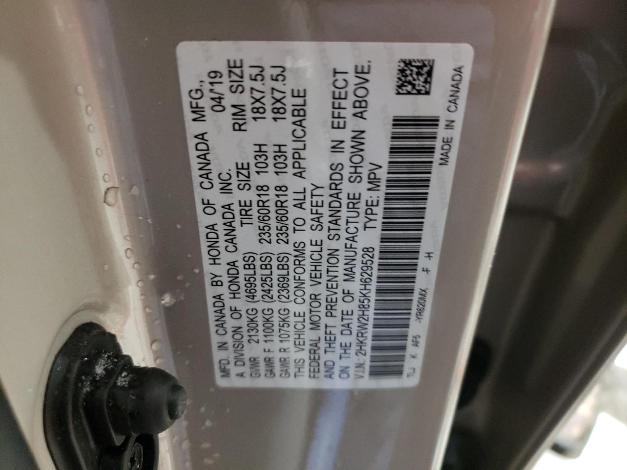 2019 Honda CR-V VIN 2HKRW2H85KH629528 Copart auction photo, rear end / side damage thumbnail 15