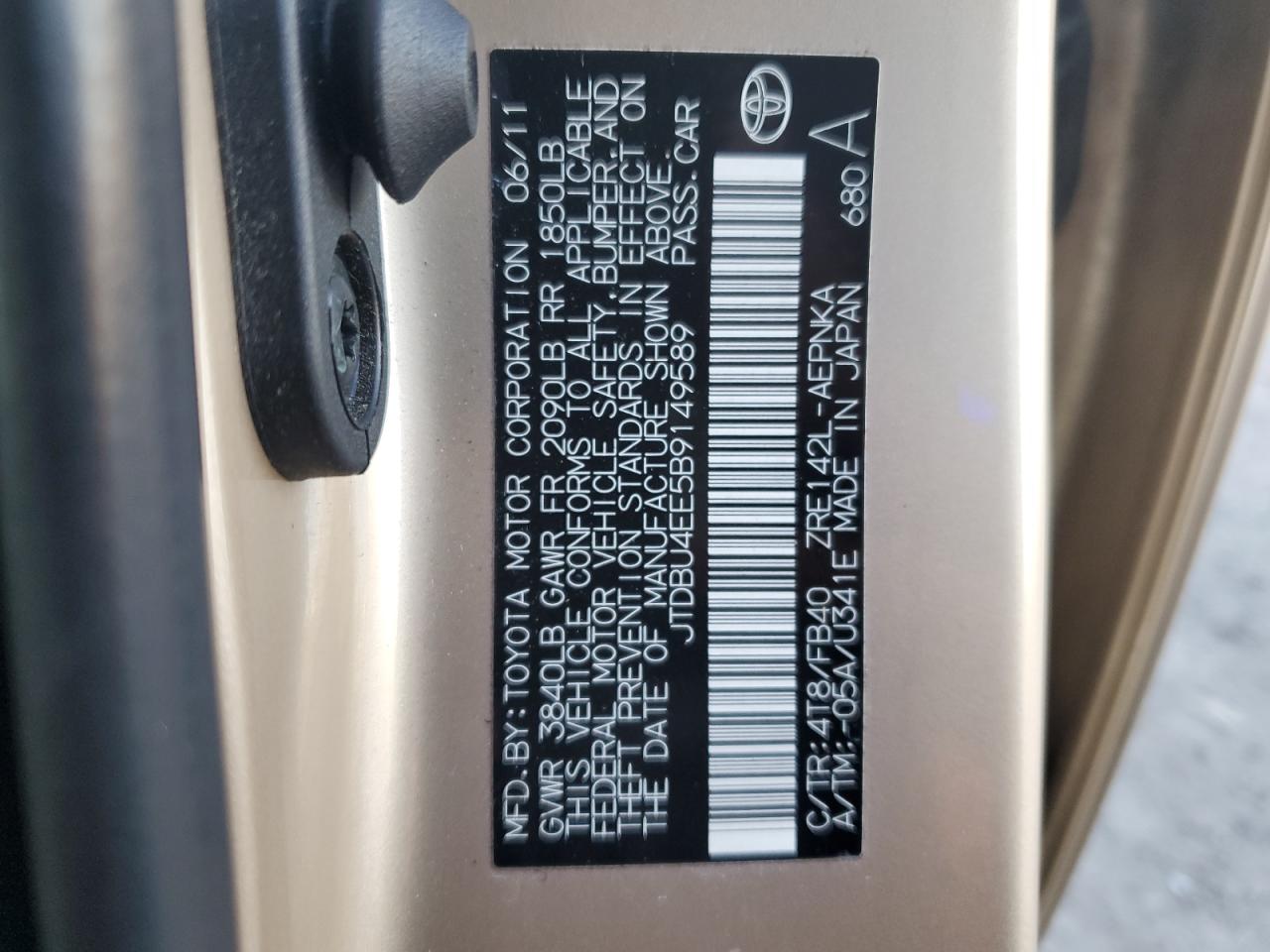 2011 Toyota Corolla VIN JTDBU4EE5B9149589 Copart auction photo, front end damage thumbnail 12