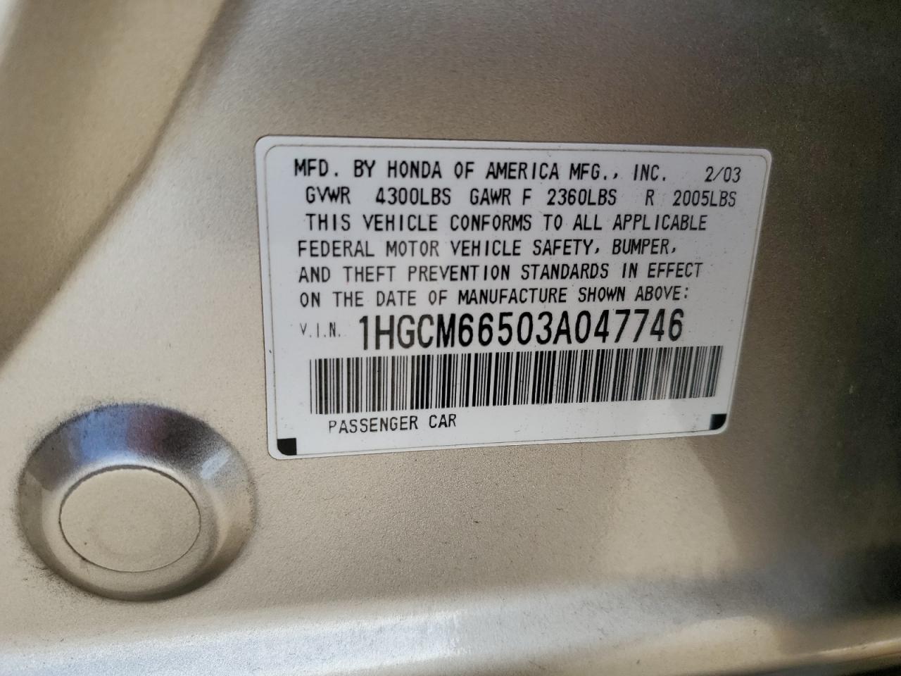 2003 Honda Accord VIN 1HGCM66503A047746 Copart auction photo, rear end damage thumbnail 14