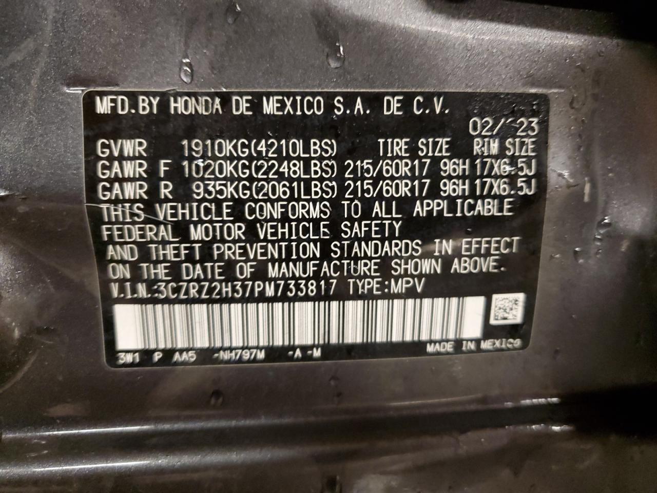 2023 Honda HR-V VIN 3CZRZ2H37PM733817 Copart auction photo, side damage thumbnail 14