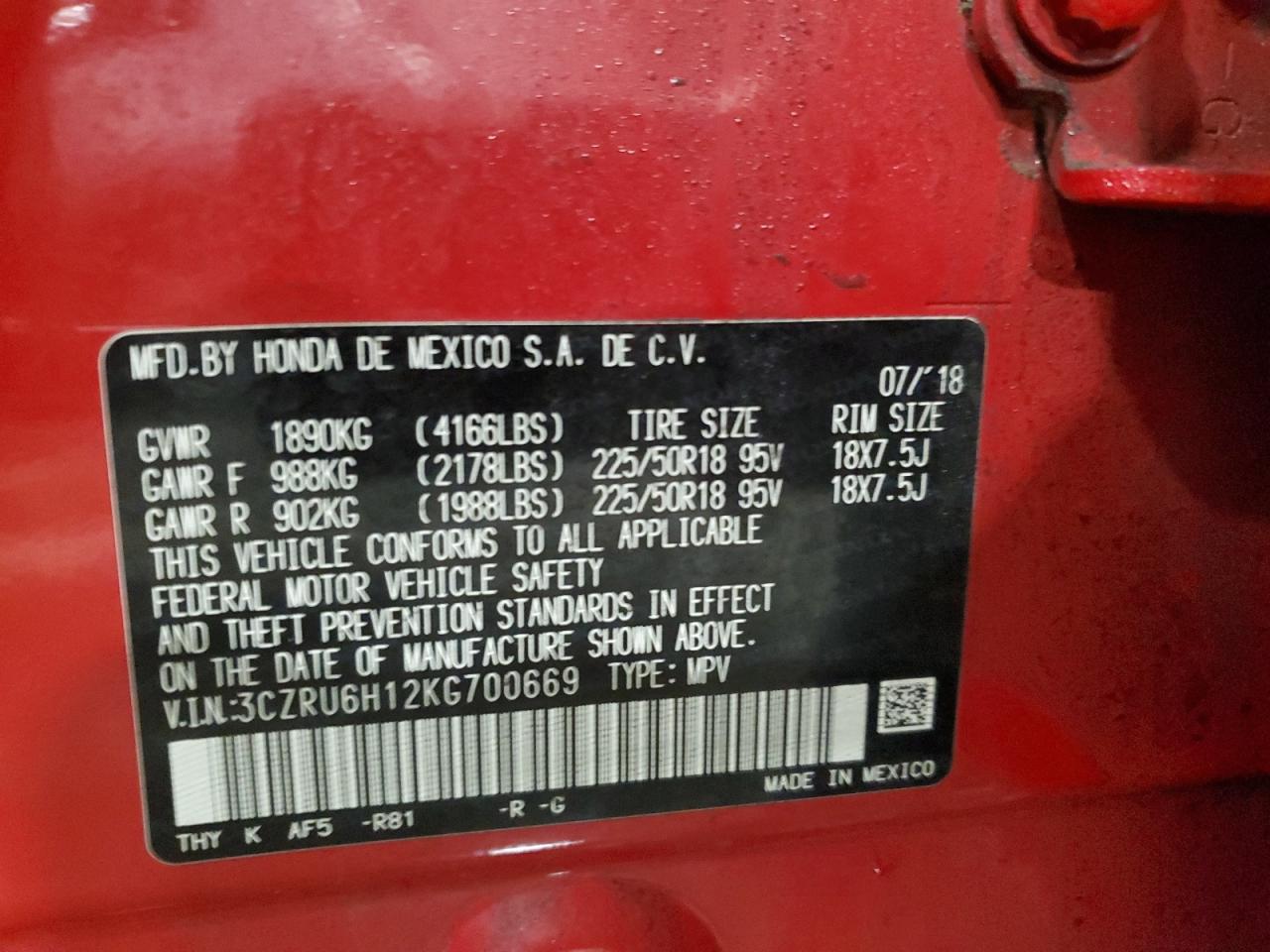 2019 Honda HR-V VIN 3CZRU6H12KG700669 Copart auction photo, front end / minor dent/scratches damage thumbnail 14