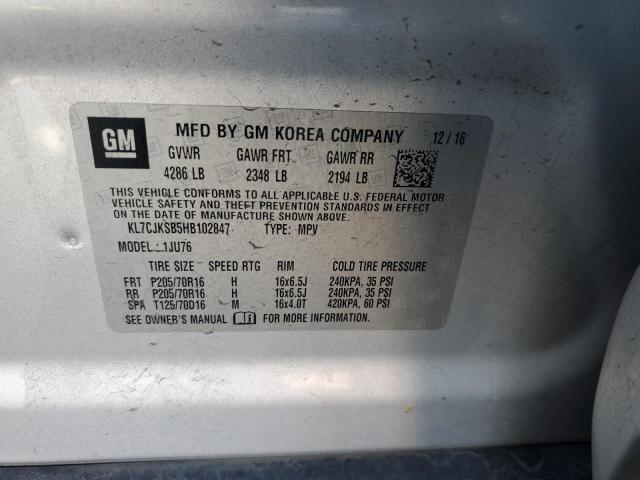 2017 Chevrolet Trax VIN KL7CJKSB5HB102847 Copart auction photo, front end damage thumbnail 12