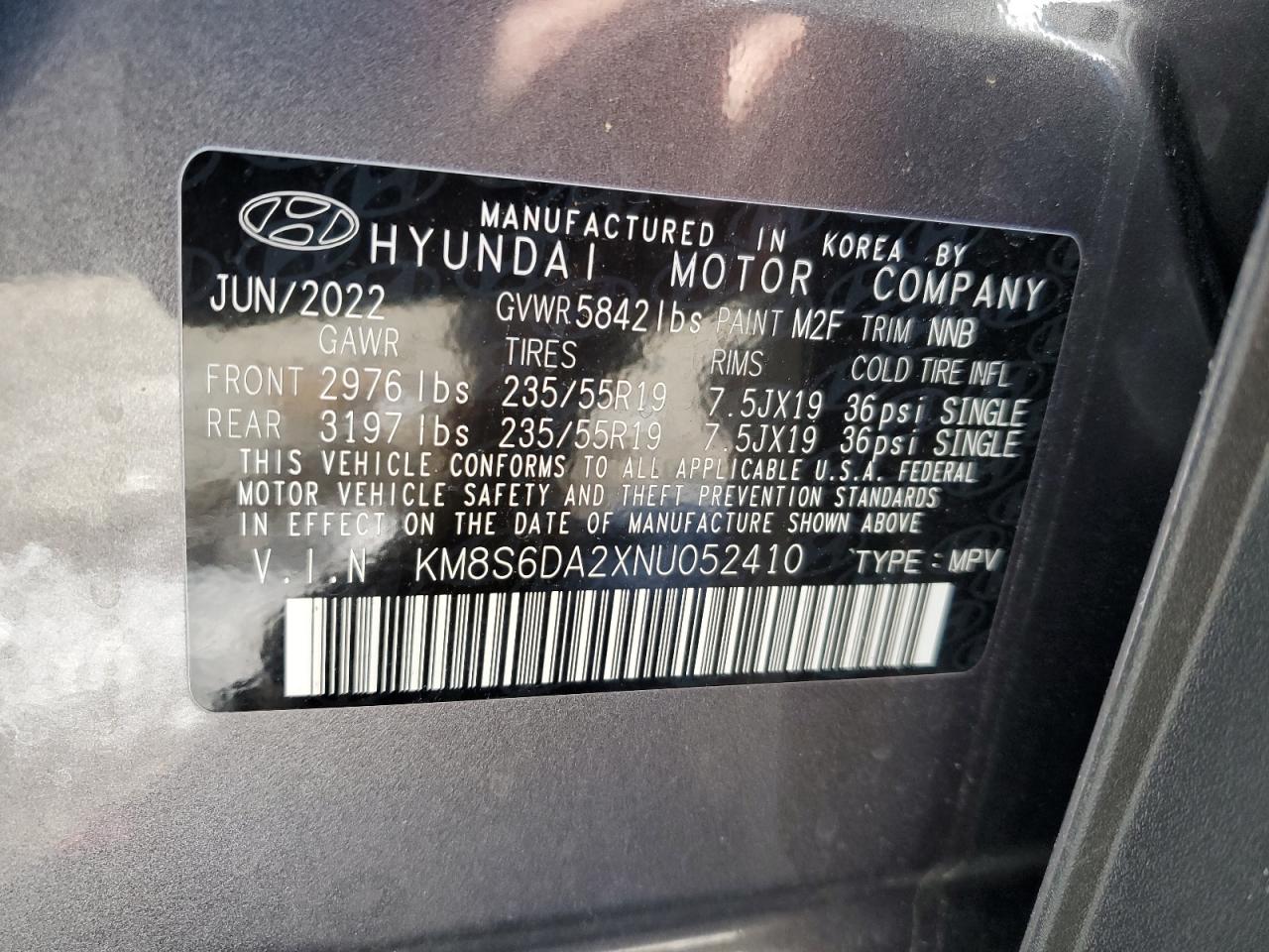 2022 Hyundai Santa Fe VIN KM8S6DA2XNU052410 Copart auction photo, front end / minor dent/scratches damage thumbnail 13